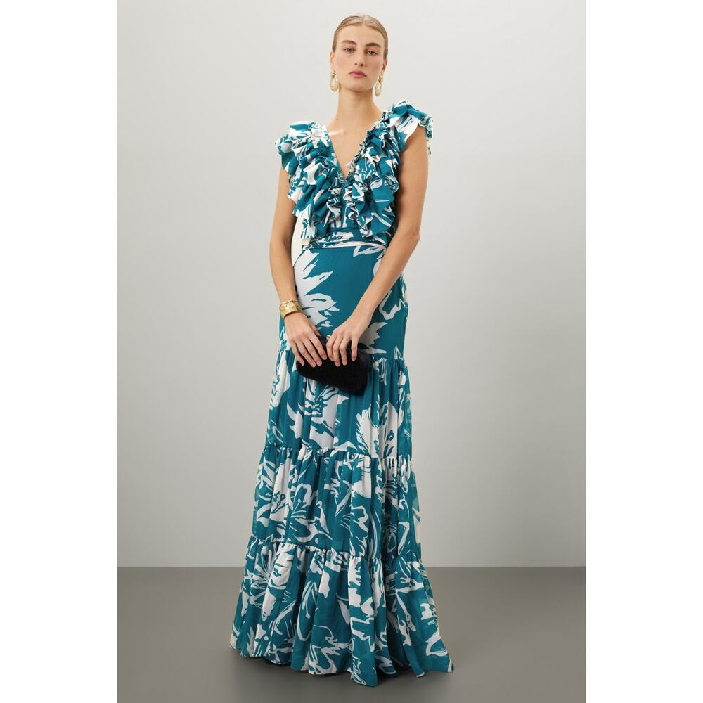 Andres Otalora Pueblo Magico Teal Blue Floral V-Neck Tiered Maxi Gown Size 0